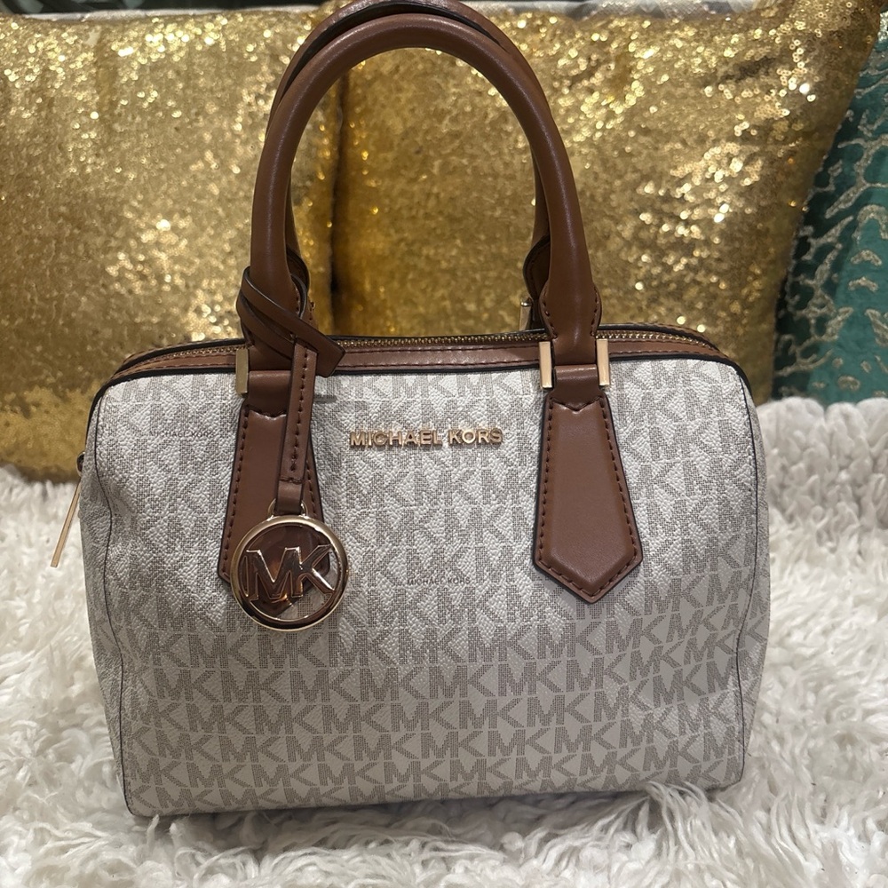 Michael Kors Hayes duffle satchel in vanilla and acorn brown with leather trim